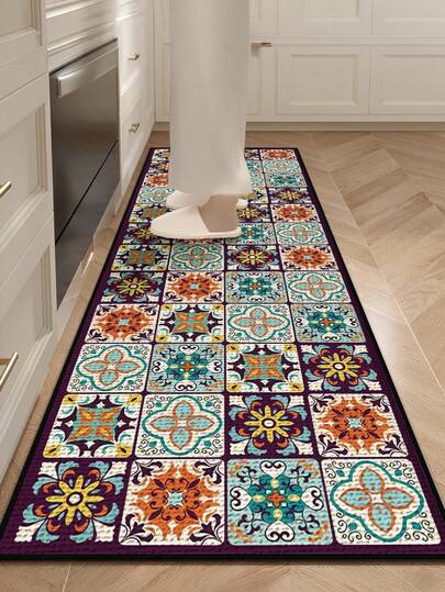 1pc Vintage Tile Pattern Kitchen Rug, Washable Home Entrance Hall Carpet, Moroccan Retro Tile Design Kitchen Dining Room Carpet, Bohemian American Retro Long Corridor Laundry Room Carpet, Suitable For Kitchen, Entrance, Bar, Laundry Room, Corridor And Other Scenes