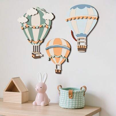 3pcs Vintage Wooden Hot Air Balloon Wall Decor, No Power Needed, Easy Installation, Suitable For Bedroom, Classroom, Game Room, Children's Room, Ideal For Mother's Day, Back To School, Wedding Anniversary And Other Occasions, Retro Wooden Wall Decoration