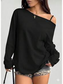 Women's Off-Shoulder Long-Sleeve Shirt, Loose Casual Pullover, Lightweight Autumn Top, Blue: Clothing, Shoes And Jewelry - 黑色 - 查看 7