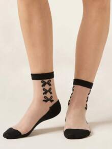 1 Pair Women's Black Crew Socks With Bow Pattern, Thin Transparent Glass Silk Crystal Sweet Korean/Japanese Style, Comfortable Moisture-Wicking, Spring/Summer - Multicolor - View 1