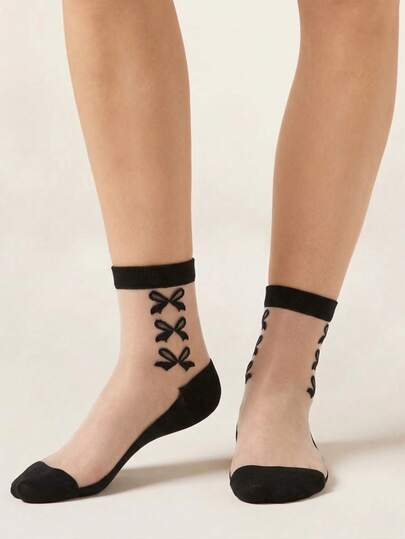 1双女士黑色船袜，蝴蝶结图案，薄款透明玻璃丝水晶甜美韩日风，舒适吸湿，春夏款