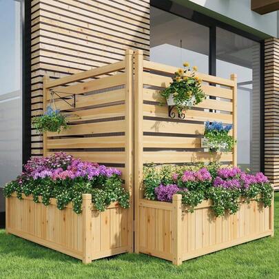 Cerca de privacidad exterior de madera con 2 paneles y maceteros, divisor de jardín resistente a intemperie, pantalla decorativa para ocultar equipos y AC
