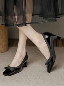 5厘米裸色蝴蝶结套脚高跟鞋，5厘米法式粗跟，适合搭配夏季连衣裙、海滩派对、聚会和通勤。 - 黑色 - 查看 12