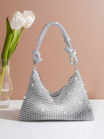 Silver Evening Handbag With Rhinestone Decor, European And American Style Party Fashionable Versatile Handmade Bag