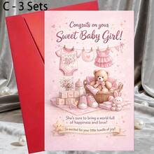 1/3 Sets Newborn Girl Welcome Card & Envelope Suitable For Nursery Decor, Baby Shower Gifts, Birth Announcement Baby Footprints, Gender Reveal Party - Multicolor - View 13