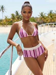 Women's Vertical Striped/Dot Bikini Set Beaded Halter Bikini Tops With High Waisted Drawstring Shorts Beach Wear - Pink - View 4