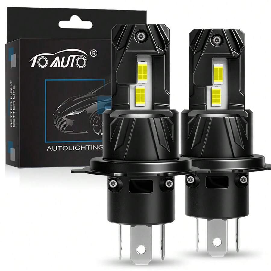 TOAUTO 2个H4 9003 LED大灯灯泡，远近光一体，超亮雾灯，100W，30000流明，6000K白光 - A - 查看 1