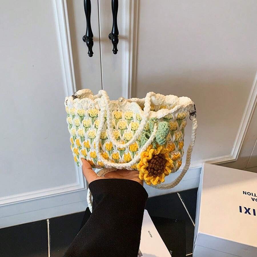 Handmade Cotton Crochet Tote Bag For Women - Summer Beach Vacation Crossbody Bag, Cute Tulip Pattern Woven Shoulder Purse, Perfect Gift For Her, Lightweight & Breathable Cotton Crochet Bag, Ideal For Beach Trips, Daily Outings & Casual Travel, Bohemian Floral Design, Multi-Purpose Handbag For Ladies & Girls - 小號黃色 - 查看 1