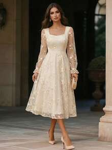 1pc Elegant Women's Dress, Mesh Embroidered Square Neck Dress Vacation - Apricot - View 1