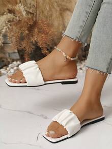 Women's Square Toe Flat Sandals, Open Toe Versatile Slides, Pleated Comfortable Casual Slippers, Versatile Fashionable Elegant Colors - White - View 5