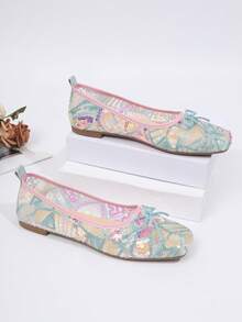 New Chinese Style Colorful Sequined Lace Square-Toe Flat Shoes For Women With Bow, Breathable And Retro Style, Perfect For Summer.,Ballet Flats - Multicolor - View 3