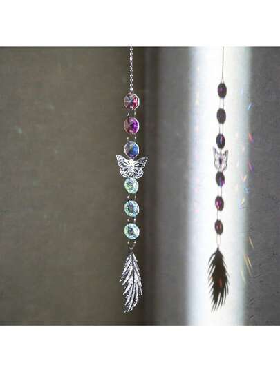 1pc Butterfly Feather Crystal Hanging Decor - Glass Wind Chime, Suitable For Indoor/Outdoor Garden, Lawn, Porch And Balcony Decoration, Reflecting Prism Decor With Natural Lighting