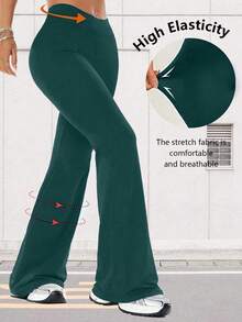 Women's High Waist Flare Yoga Pants, Loose Fit Wide Leg Workout Leggings Sports - Dark Green - View 2