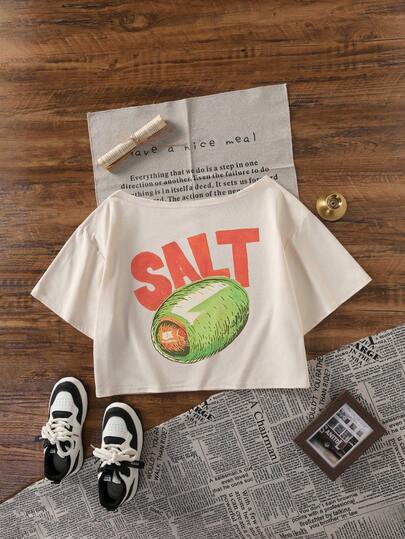 Camiseta holgada de un solo hombro de estilo casual para adolescentes, estética de estilo de vida de Pinterest, estampado retro de sal y oliva para el verano