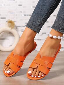 Ximi Ruo Korean Style Casual Flat Slide Sandals, Open Toe, Woven Roman Style, Suitable For Spring, Summer, Beach, Vacation, Dresses, Apartment, Brown Color - Orange - View 5
