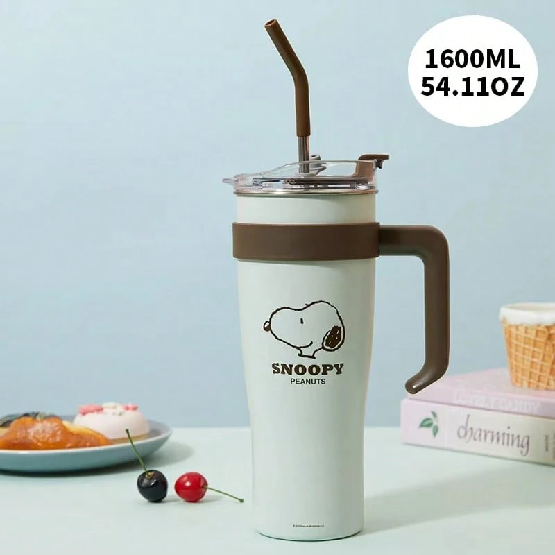 Snoopy Series Giant Straw Steel Cup 1600ml / 54oz, Cute Cartoon Pattern Design,Long-Lasting Insulation Effect,Convenient Straw, Ideal For Daily Drinking And Gifting(1 PC) - Brown - View 1