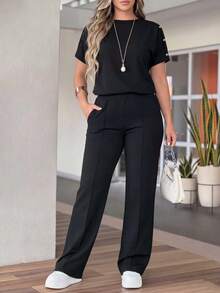 女士新款圆领短袖T恤和松紧腰宽松裤两件套，春夏黑色 - 黑色 - 查看 2