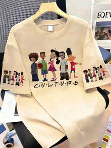 Camiseta de mujer de manga corta, cuello redondo, de estilo casual con estampado de dibujos animados, hecha de fibra de poliéster, lavable a máquina, camiseta de primavera/verano para damas - Albaricoque - Ver 1