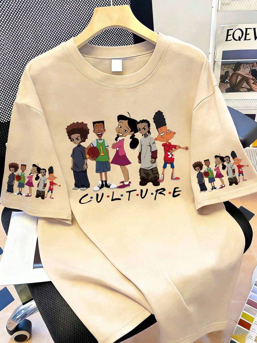 Camiseta de mujer de manga corta, cuello redondo, de estilo casual con estampado de dibujos animados, hecha de fibra de poliéster, lavable a máquina, camiseta de primavera/verano para damas - Albaricoque - Ver 1