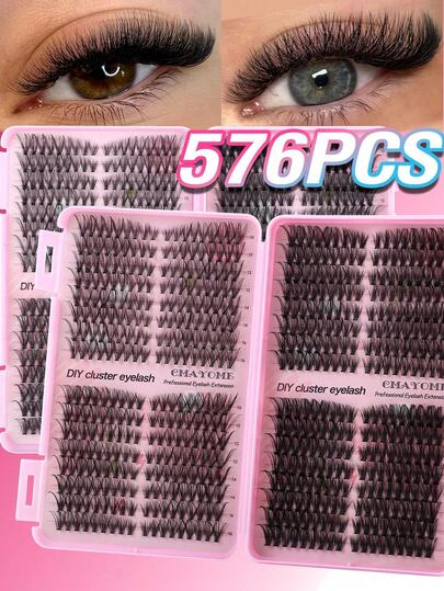 576 D 卷睫毛嫁接 DIY 套装 30D+40D+50D+60D+80D+100D 混合睫毛套装，10-16mm 簇状 D 卷单根睫毛，柔软蓬松，迷你旅行装浓密睫毛套装，含胶水、封口剂和镊子，适合居家使用。