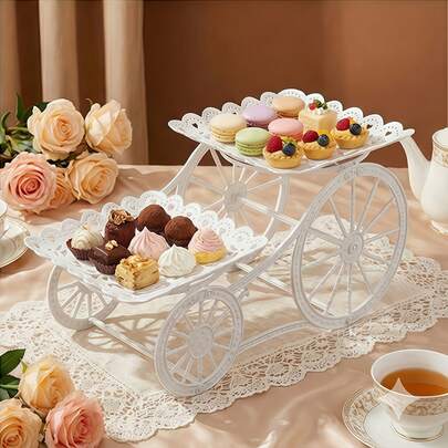 2-Tier White Lace Dessert Cart, Cake Stand, Tabletop Tray For Fruit, Pastries, Cakes, Suitable For Indoor Afternoon Tea, Birthday Party, Theme Party, Wedding, Valentine's Day, Christmas, Mother's Day And Other Party Events (Self-Assembly Required)