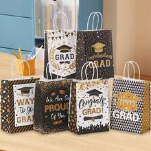8/16pcs Assorted Paper Bags, Black & Gold Color-Blocking High-End Feel Reinforced Handle Gift Bags, Suitable For Graduation Party, Birthday, Campus Events, Anniversary Celebration, Graduation Ceremony Souvenirs - 469 - View 1