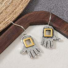 Vintage Square Hollow Dual-Tone Palm Shaped Hook Earrings, Fashionable Jewelry Accessory For Festivals And Parties (Silver) - Two Tone - View 7