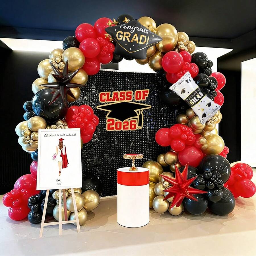 106pcs/Set Graduation Balloon Arch Kit, Includes Graduation Cap, Diploma, Red & Black Burst Star, Suitable For Graduation Party, Graduation Decoration, 2026 Graduation Ceremony, Campus Celebration, Indoor & Outdoor Atmosphere Decoration - Multicolor - View 1