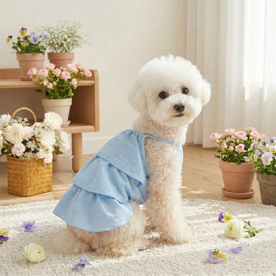 1件宠物狗连衣裙，清新蓝色夏季宠物蛋糕裙，适合小型/中型猫狗，春夏装 - 藍色 - 查看 1