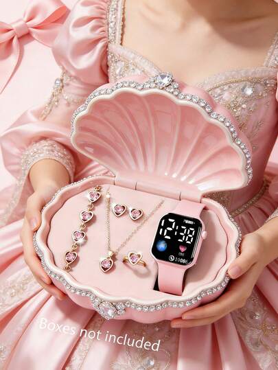 6/1件 时尚简约优雅可爱女士方形LED屏幕电子手表，适合搭配心形水晶首饰，如项链、手链、耳环、戒指等，是派对、聚会、生日、节日的完美之选，也是母亲节、开学季、婚礼季送给朋友、母亲、女友的理想礼物。