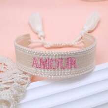 1 pieza Brazalete vintage hecho a mano con bordado francés "AMOUR" y trenzado creativo, adecuado para parejas, regalo para ocasiones especiales - Beis - Ver 5