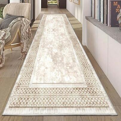 Light Beige Polyester Carpet, Rubber Backing, Traditional Long Runner Rug, Suitable For Corridors, Kitchens, Bedrooms, Living Rooms, Entrances, Balconies, Home Decoration, Bedroom Carpets, Bathroom Mats