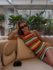 Robe d'été femme SEREN à bretelles spaghetti avec blocs de couleurs, robe d'été sexy dos nu pour vacances, vêtements d'été, robe de soirée, tenue de plage, robe décontractée femme, tenue de plage femme, robe d'été, tenue de vacances femme, robe de soirée élégante, tenue de plage femme, Top de plage femme, tenue de vacances femme, robe en tricot rayée femme, blocs de couleurs, robe de plage à bretelles spaghetti - Multicolore - Voir 1