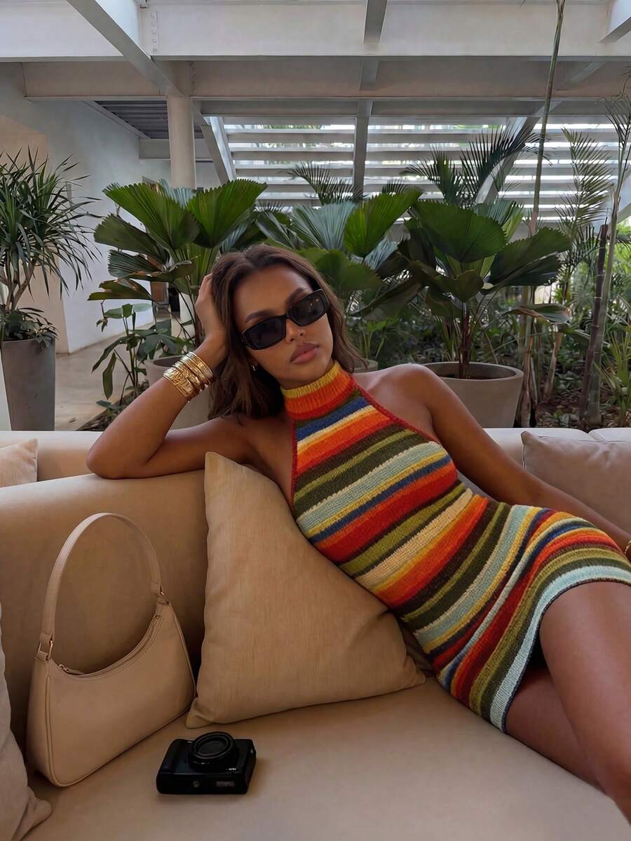 Robe d'été femme SEREN à bretelles spaghetti avec blocs de couleurs, robe d'été sexy dos nu pour vacances, vêtements d'été, robe de soirée, tenue de plage, robe décontractée femme, tenue de plage femme, robe d'été, tenue de vacances femme, robe de soirée élégante, tenue de plage femme, Top de plage femme, tenue de vacances femme, robe en tricot rayée femme, blocs de couleurs, robe de plage à bretelles spaghetti - Multicolore - Voir 1