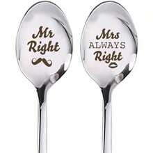 两件套不锈钢勺子，分别刻有“Mr. Right”和“Mrs. Always Right”字样——是情侣周年纪念日、圣诞节、婚礼或情人节的完美礼物。 - 彩色 - 查看 6