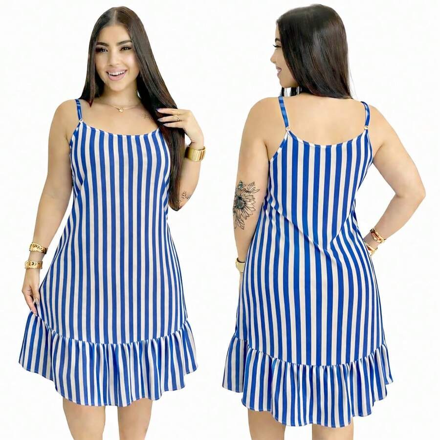 Women's Short Dress, Conservative/Modest, Fabric, Hem With Ruffle, Vacation Dress, Home Dress - 藍色條紋 - 查看 1