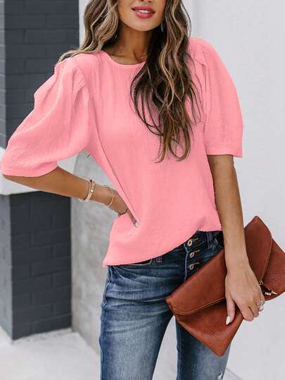 Women's Solid Color Short Sleeve Shirt, Summer Round Neck Casual Top, Fashionable Petal Sleeve Blouse