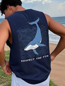 1件男士夏季休闲鲸鱼印花圆领背心 - 藏蓝色 - 查看 1