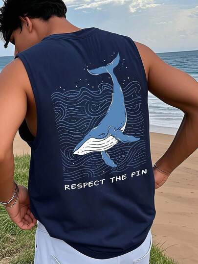 1件男士夏季休闲鲸鱼印花圆领背心