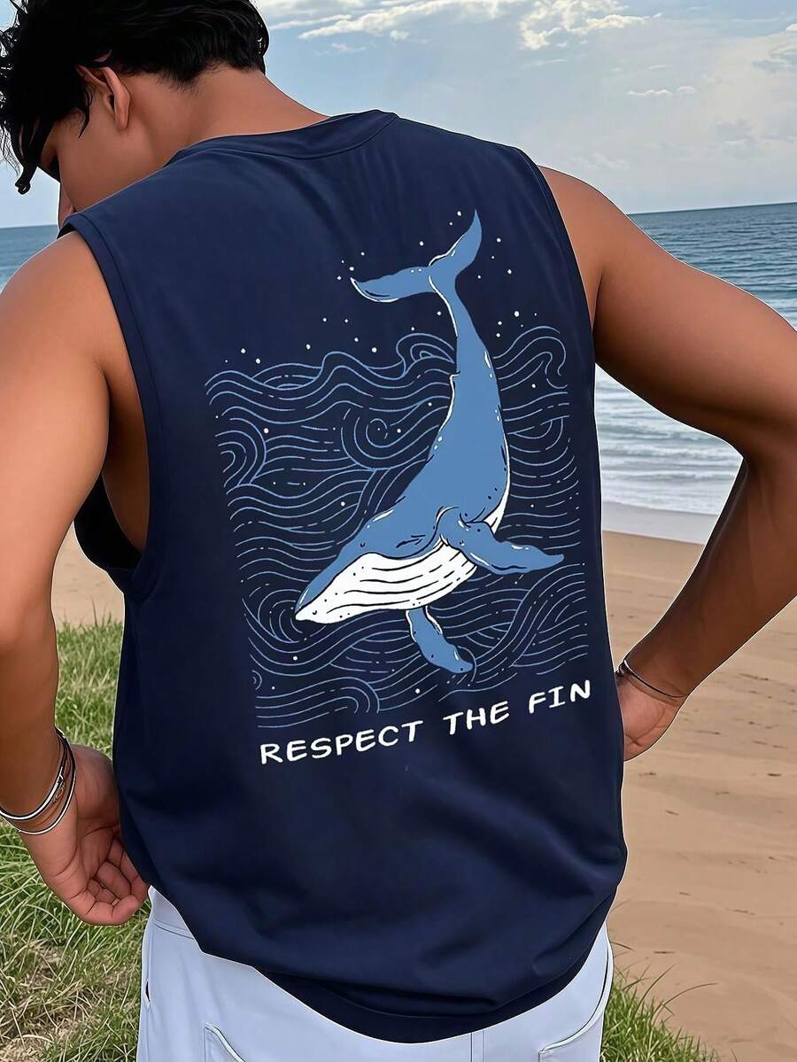 1件男士夏季休闲鲸鱼印花圆领背心 - 藏蓝色 - 查看 1