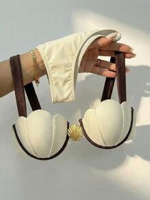 Bikinx Traje de baño de mujer con copas de concha, borde de parche y aros, elegante para vacaciones de verano - Beis - Ver 1