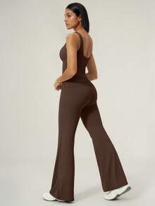 TimeOff 1 Set Women's Solid Color V-Neck Backless Removable Padded Camisole And Flared Leg Pants Sports Suit - Brown - View 9