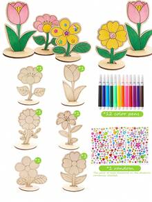 6/12pcs DIY 3D Wooden Flower Spring Art, Includes Unfinished Painted Wooden Flowers, Colorful Rhinestones, 12 Colored Pens, Painting Tools, Desktop Decoration, Suitable For Home Office, Wedding, Mother's Day Gift - Apricot - View 14