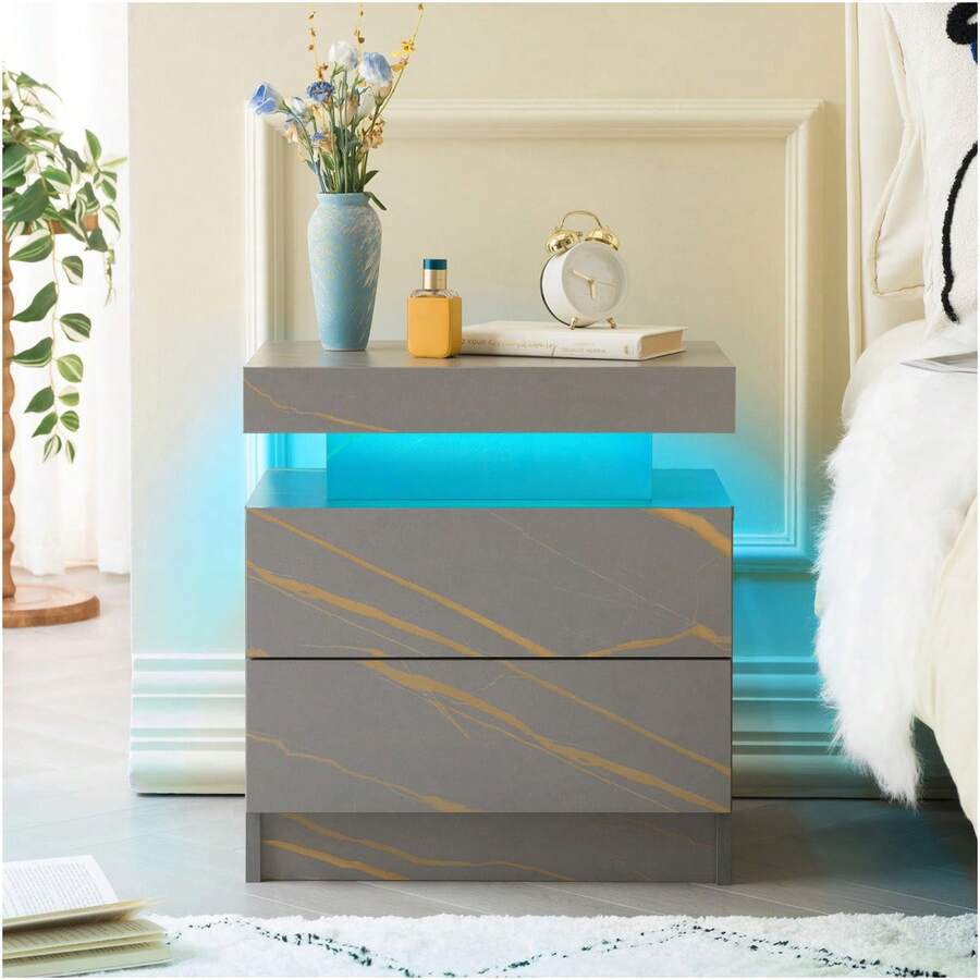 Modern Style Bedside Table With Two Drawers, Easy Assembly, Ample Storage Space, Suitable For Bedrooms And Living Rooms - Grey+Gold - 查看 1