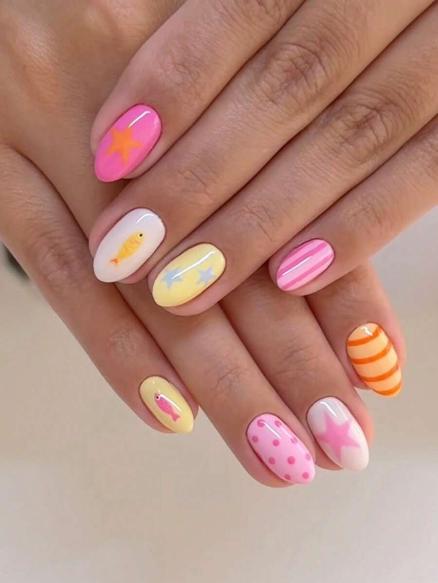 24pcs Round Colorful Short False Nails, Star & Fish Pattern, Women Summer Coffin Shaped Fake Nails - Multicolor - View 1