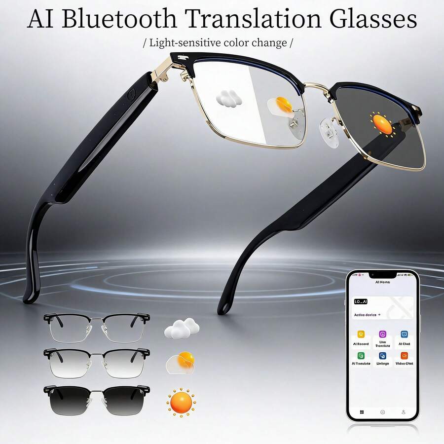 Gafas inteligentes con Bluetooth de traducción en tiempo real GS13, lentes fotocromáticos, llamadas de audio y música, marco de metal para negocios, carga magnética, gafas de negocios multifuncionales