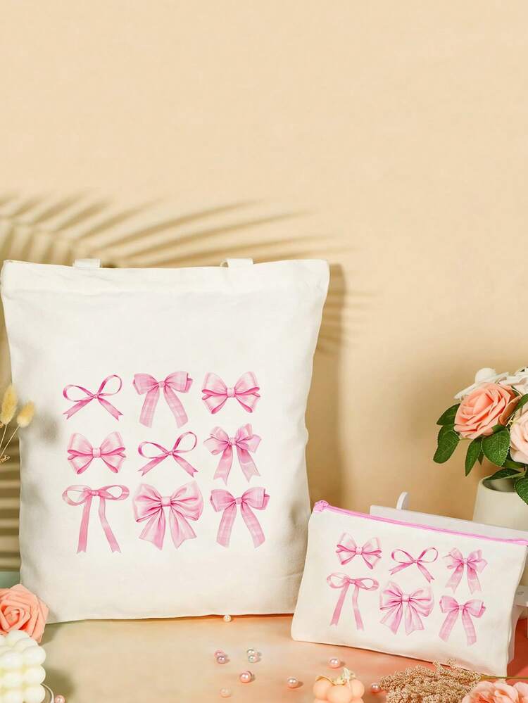2件套大容量帆布手提袋带拉链铅笔盒，蝴蝶结印花手提包套装，粉色公主风蝴蝶结主题派对礼品袋，礼品包装袋，派对回礼袋套装 - 1組(L+拉鍊袋) - 查看 3