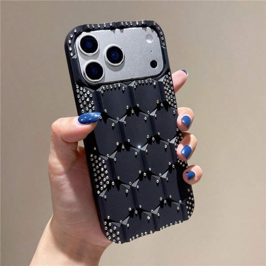 Compatible With IPhone 17/17 Pro/17 Pro Max/16/15/14/13/12/11 Series, 1pc INS Honeycomb Rhinestone Protective Case, Anti-Drop Phone Case Cover, 17 Pro Max Phone Case, Fashionable Rhinestone Phone Case - Black - View 1