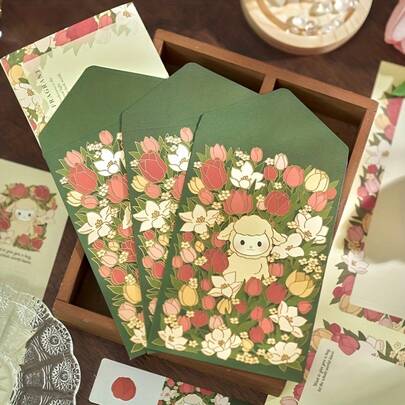 A Set Of 12 (Envelopes*3/Letter Papers*6/Sealing Stickers*3) Cute Floral-Themed Envelope Set, Suitable Weddings, Father's Day, Mother's Day, Thanksgiving, And Valentine's Day