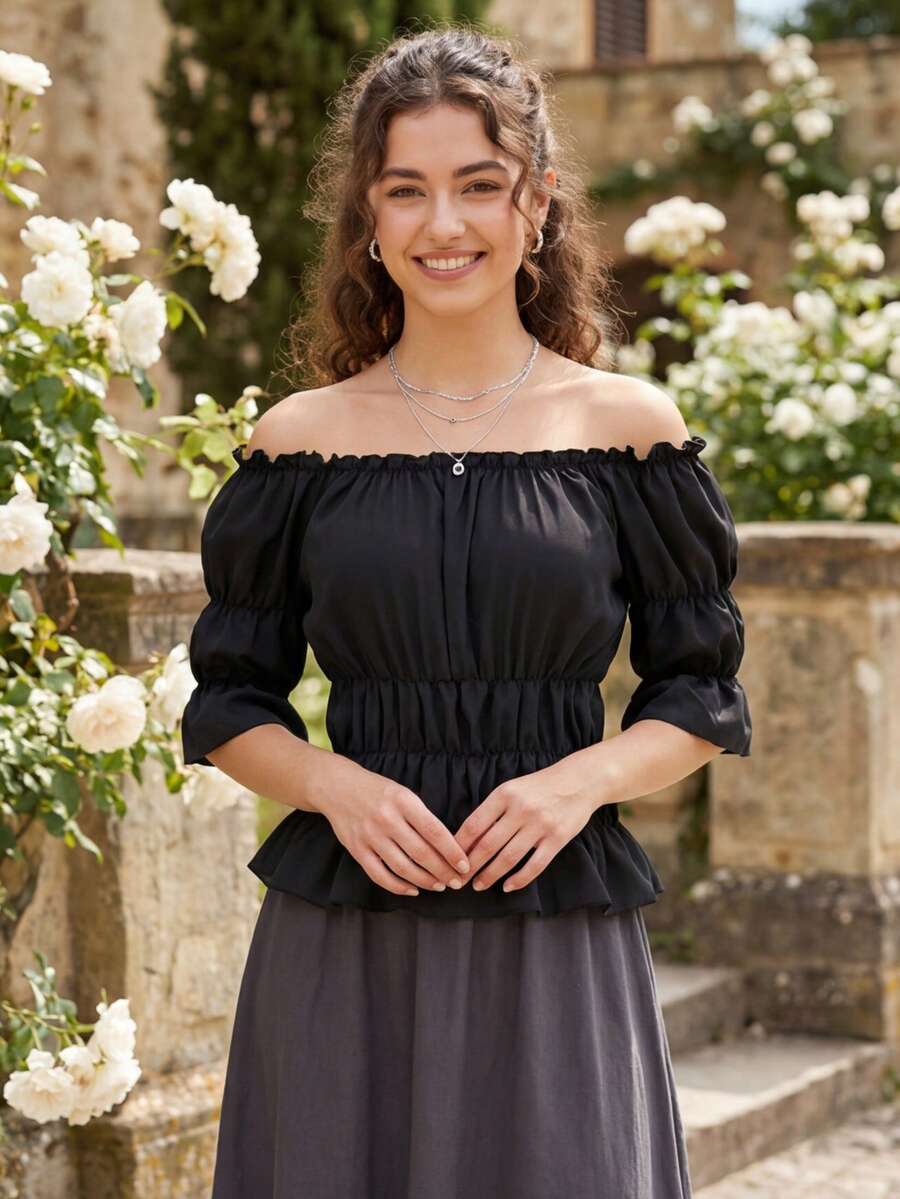 Blusas para mujer con hombros descubiertos, camisa pirata estilo steampunk, blusa renacentista de manga corta - Negro - Ver 1